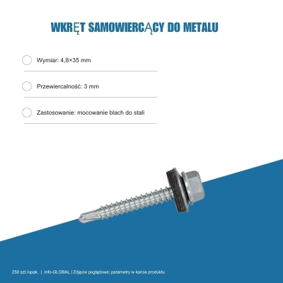 Wkręt samowiercący do metalu 4,8x35 mm, przewiercalność 3 mm, EPDM, 250 szt. – ocynk bez lakieru